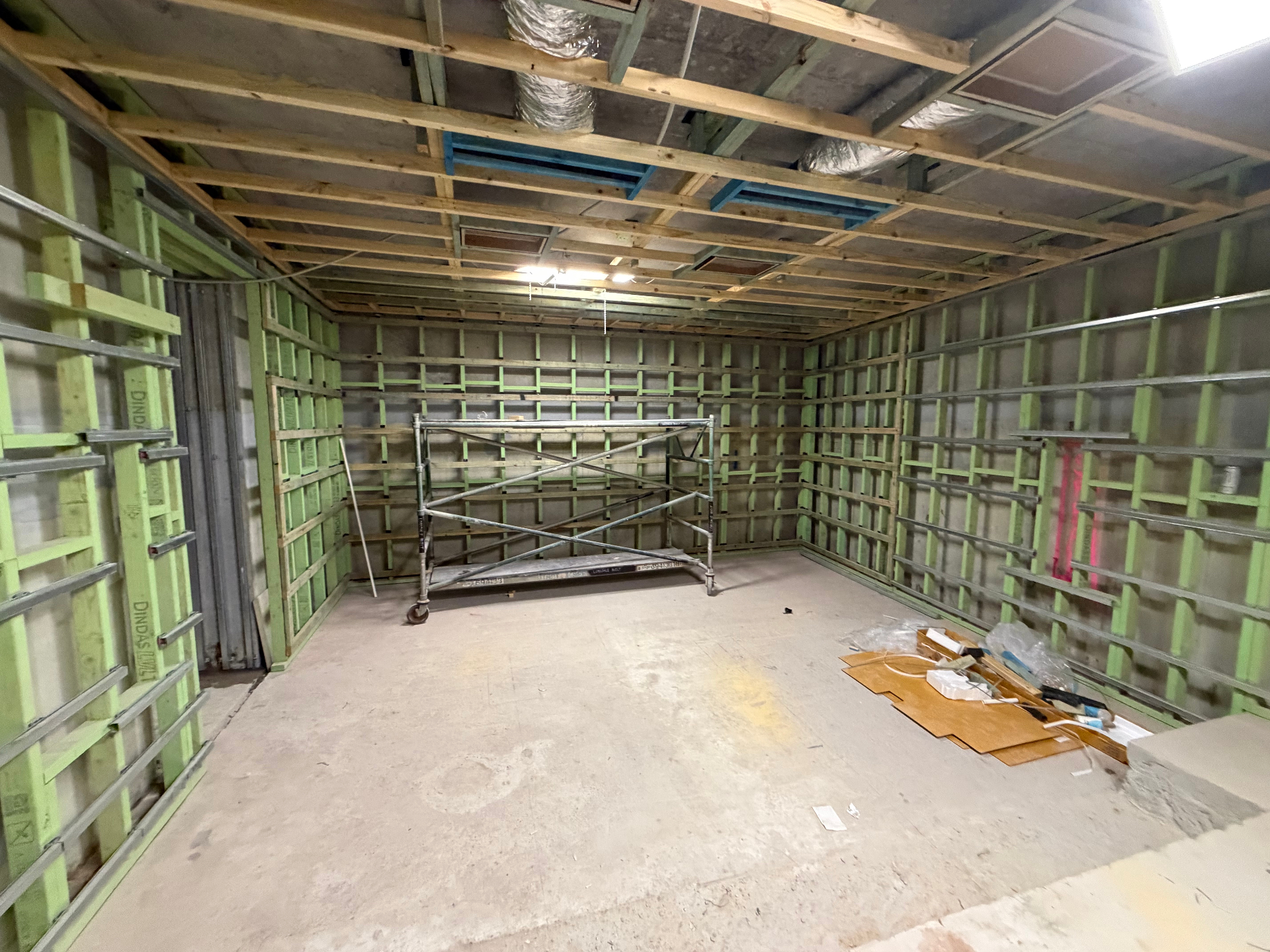 Interior structural framing with timber ceiling battens